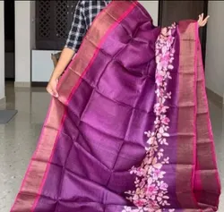 Magenta with Pink Floral Pattern Handwoven Tussar Silk Saree with Zari Border